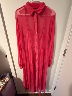 Sheer Button-Front Pink Maxi Dress